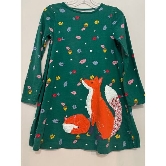 Mini Boden Dress Long Sleeve Size 9 - 10 Big Applique Fox Fall A Line Green - Picture 1 of 5